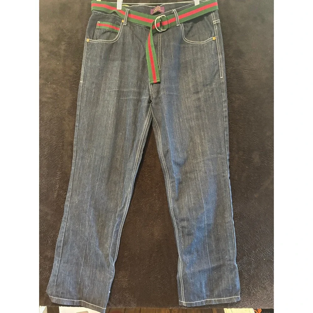Atti Mens Denim Jeans 38x32 Embellished Pockets Red Green Belt Detailed‎